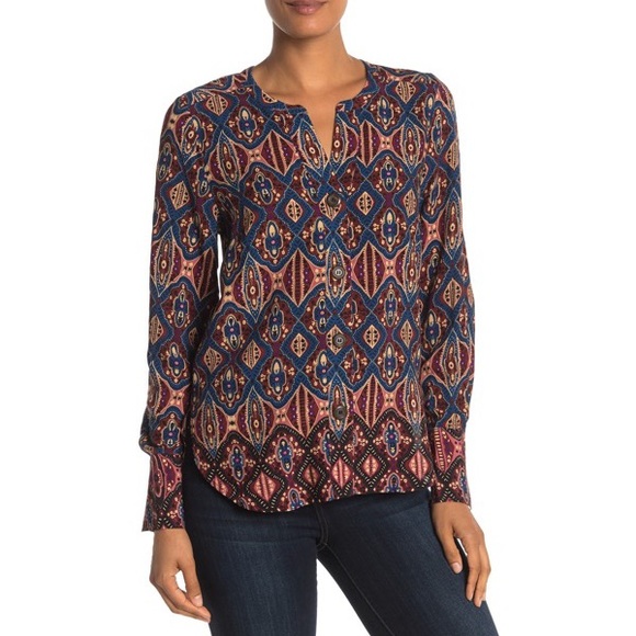 NWT DR2 Long Sleeve Blouse in Wine/Navy Multi